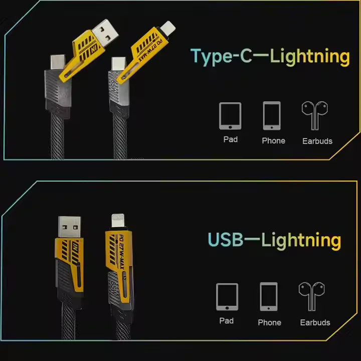 4-in-1 Fast Charging Cable 65W – Multi USB Type-C & Lightning Cable | Universal Charger for iPhone, Android & Laptops