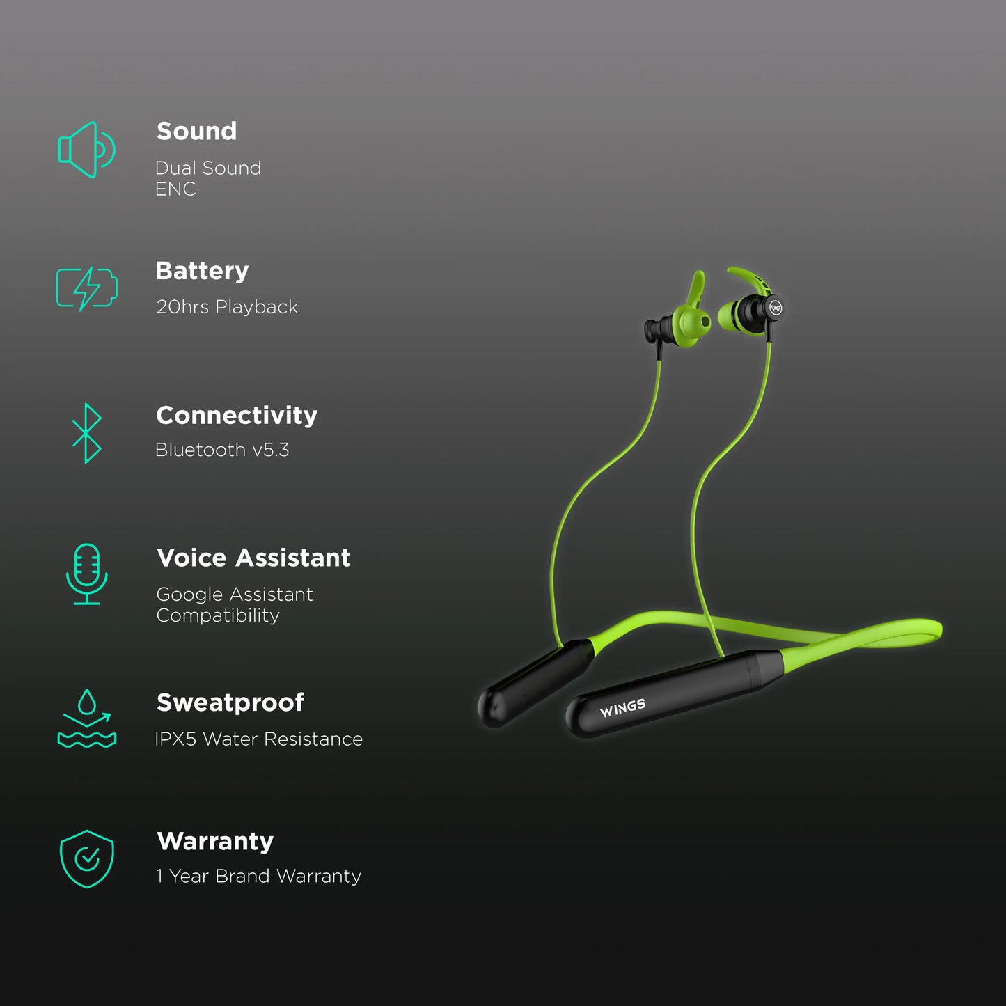 WINGS Phantom 205 Bluetooth Neckband – Touch Controls, 50-Hour Battery & Game Mode (Teal)