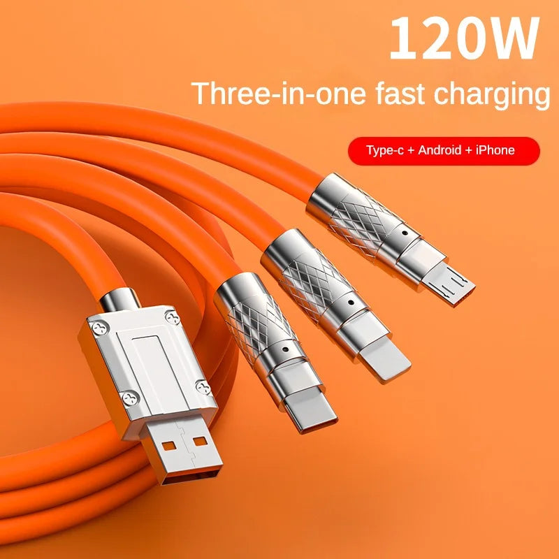 3-in-1 Fast Charging Cable – 120W 6A High-Speed Charger | Type-C, Micro USB & Lightning Multi Charging Cable for Android & iPhone