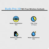 BUDS PRO-10 Bluetooth 5.3 Stereo Earbuds with USB-C Charging & Built-in Mic