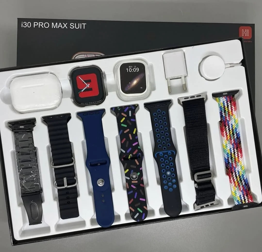 i30 Pro Max Suit Hi Watch 9 Ultra 11-in-1 Smartwatch Set – 49mm HD Display, Bluetooth Calling, Earbuds, Adapter & Aluminum Case