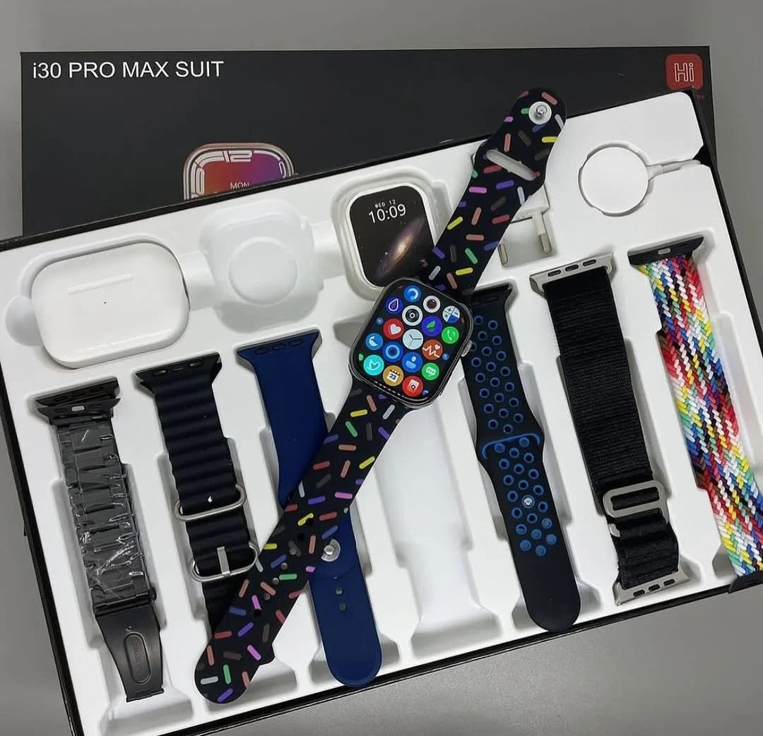 i30 Pro Max Suit Hi Watch 9 Ultra 11-in-1 Smartwatch Set – 49mm HD Display, Bluetooth Calling, Earbuds, Adapter & Aluminum Case