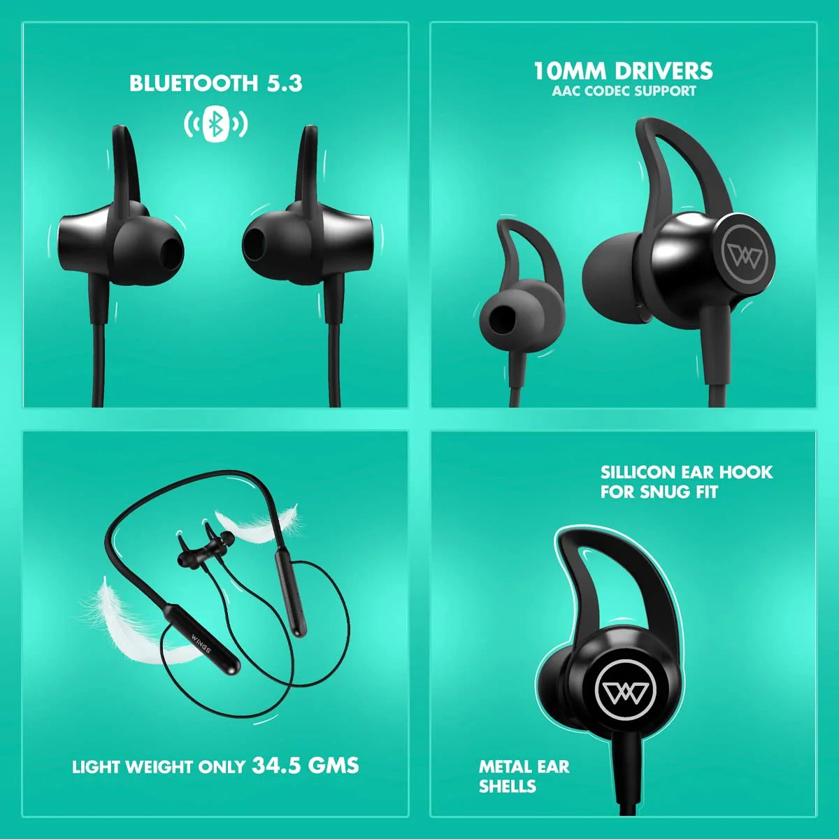 WINGS Phantom 205 Bluetooth Neckband – Touch Controls, 50-Hour Battery & Game Mode (Teal)