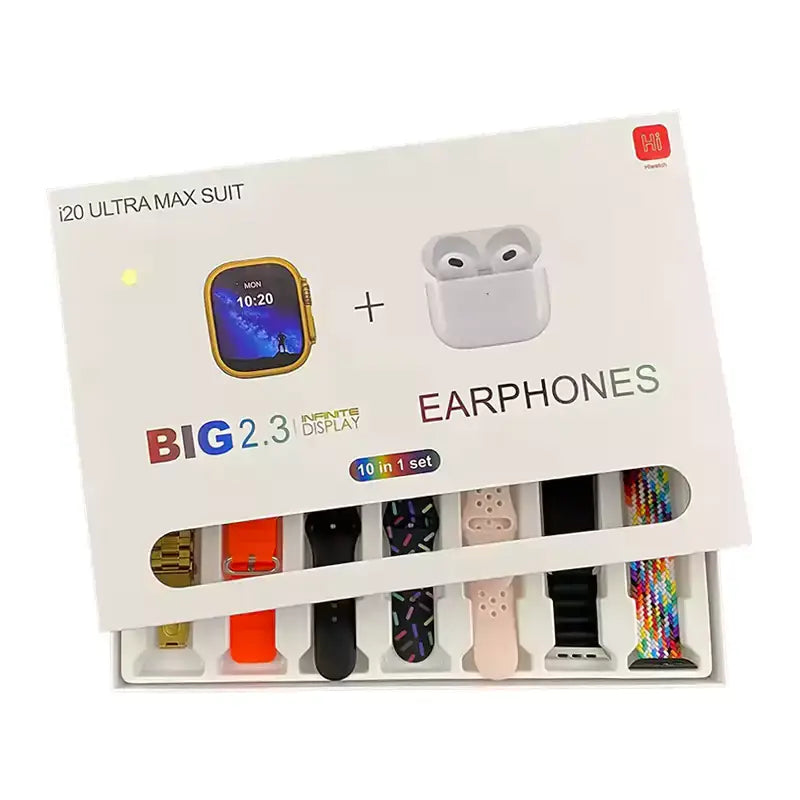 i20 Ultra2 Max 10-in-1 Smartwatch Combo with Earbuds, 7 Straps & Wireless Charger with Pouch for Android and IOS