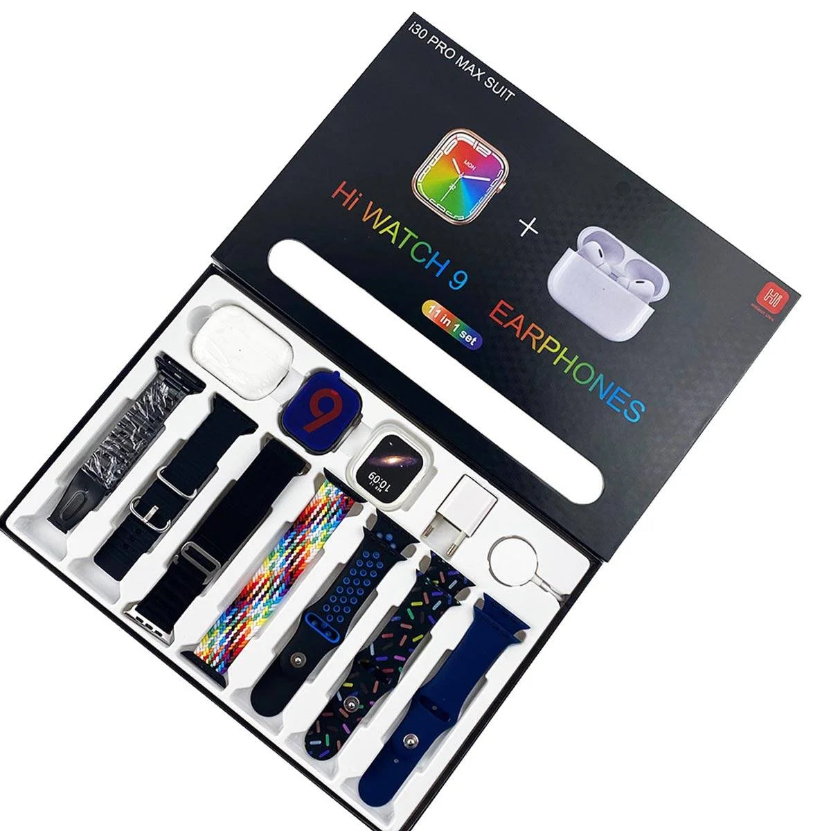i30 Pro Max Suit Hi Watch 9 Ultra 11-in-1 Smartwatch Set – 49mm HD Display, Bluetooth Calling, Earbuds, Adapter & Aluminum Case